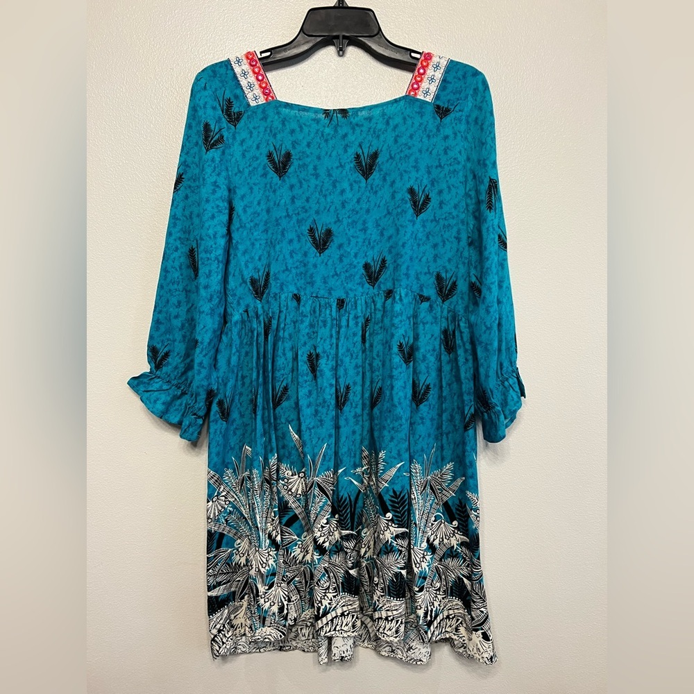 Umgee Teal Dress Leaf Embroidery Design V neck Tunic Western Cowgirl Rodeo Sz Sm - Picture 6 of 7